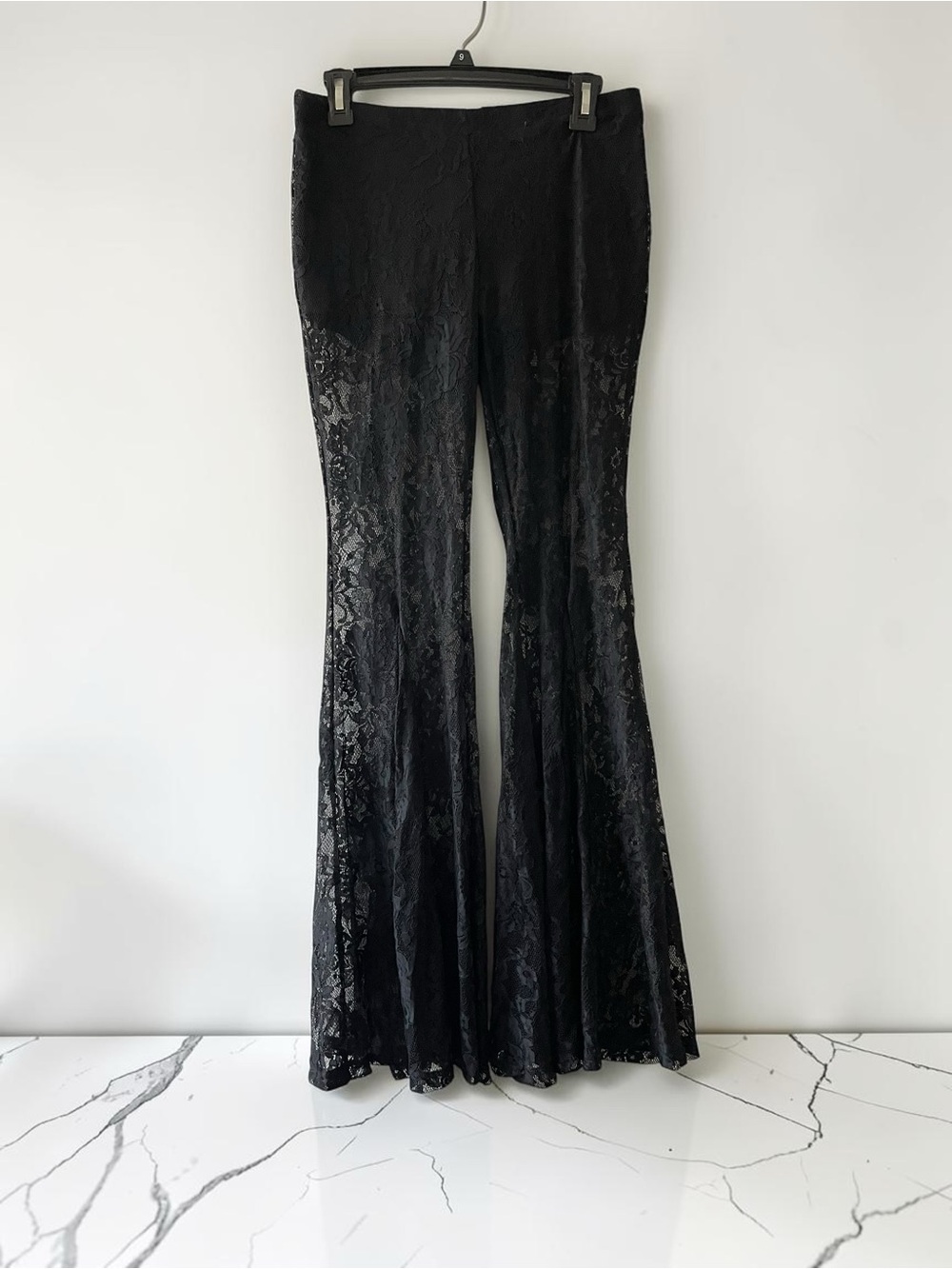 Black Sheer Floral Lace Flare Pants Goth Witchy Halloween Size M - Picture 5 of 5
